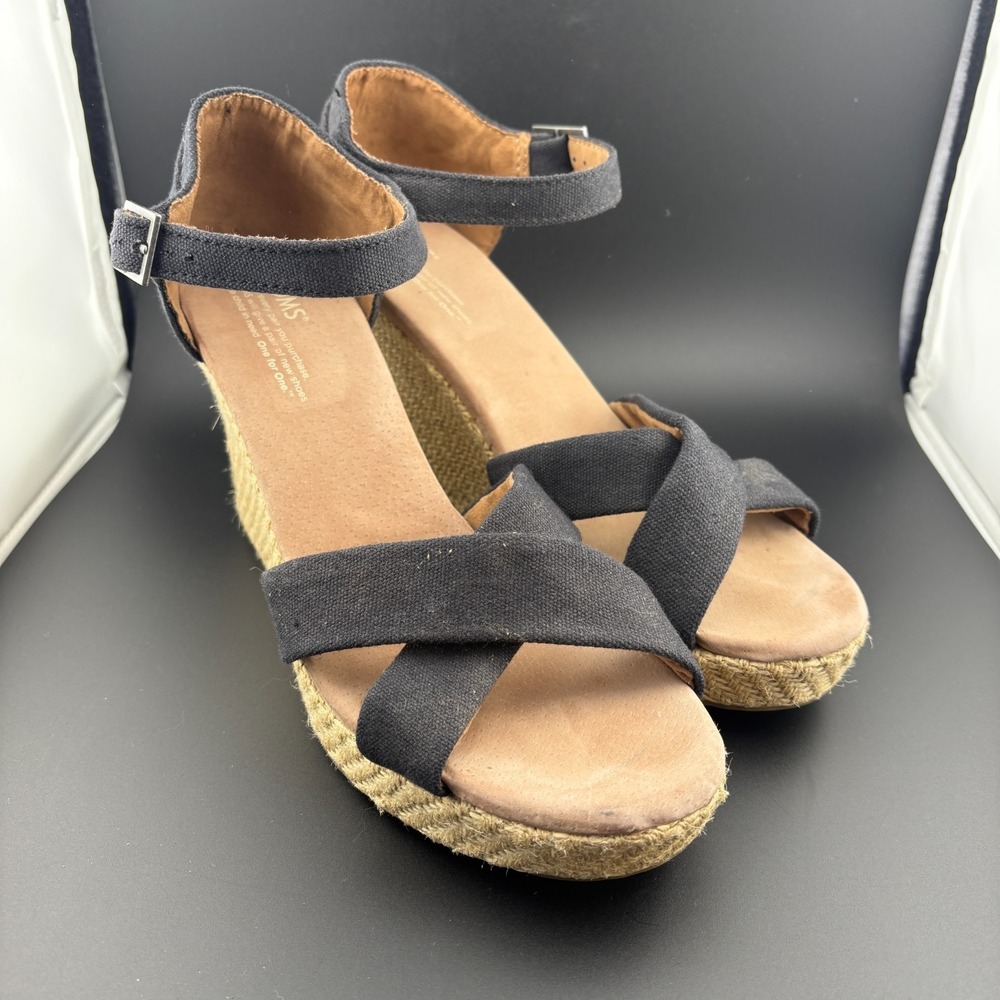 Toms Womens US‎ 10 Sandals Black Canvas Wedge Heel Criss Cross Strap Espadrille